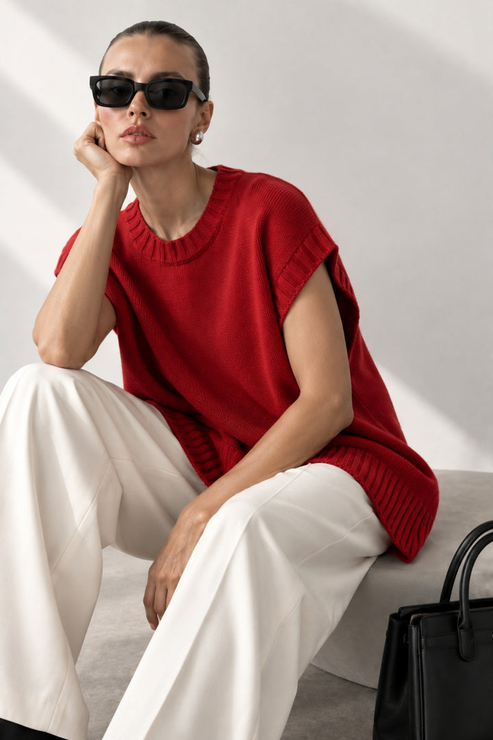 Oversize Basic Kırmızı Triko Süveter