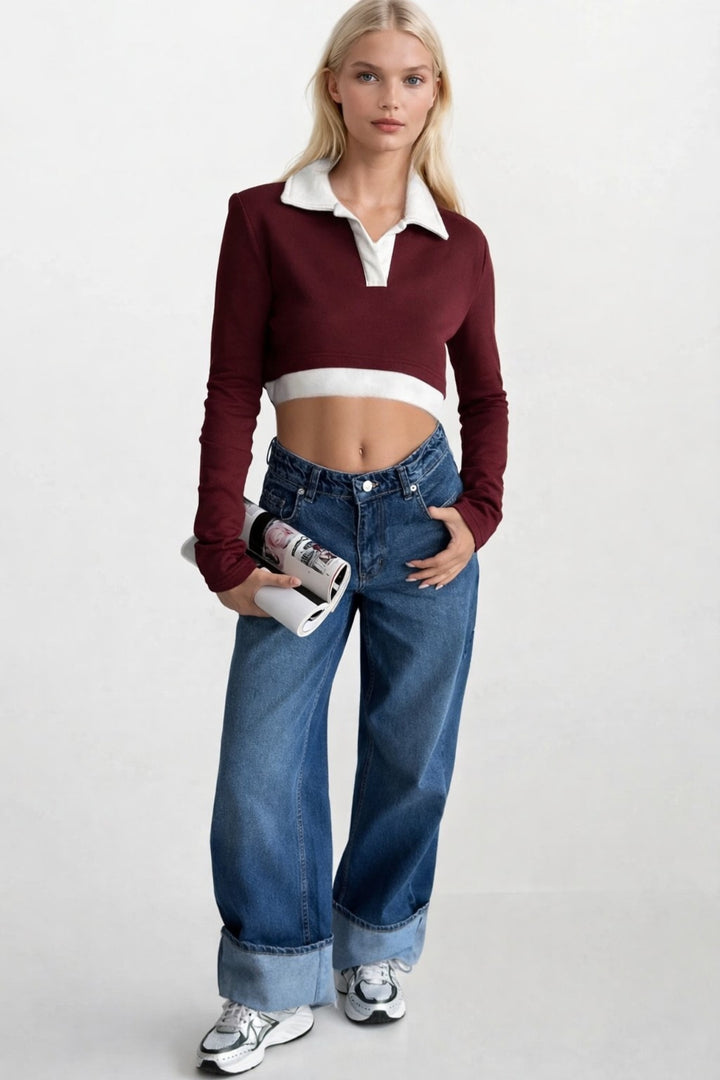 Polo Yaka Garnili Crop Bordo Sweatshirt