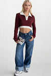 Polo Yaka Garnili Crop Bordo Sweatshirt