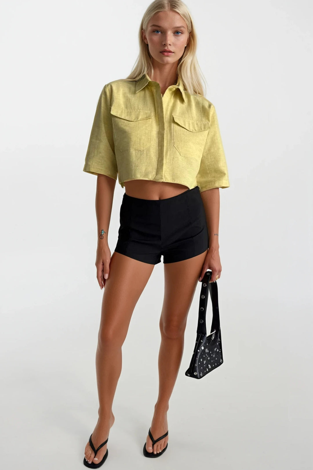 Cep Detay Yarım Kol Crop Keten Sarı Gömlek