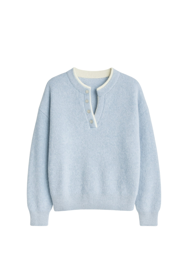 Düğme Detay Basic Mavi Triko Kazak