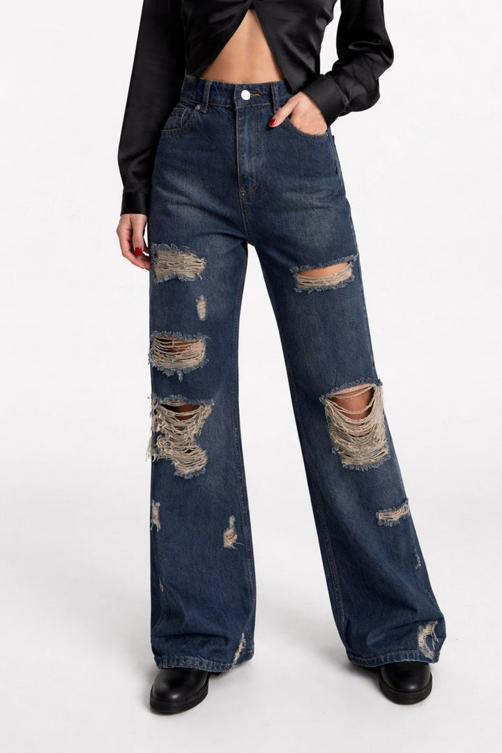 Lazer Kesim Wide Leg Yüksek Bel Mavi Jean