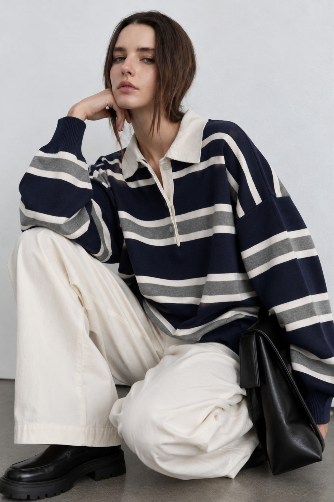 Striped Buttoned Polo Neck Navy Knit Blouse