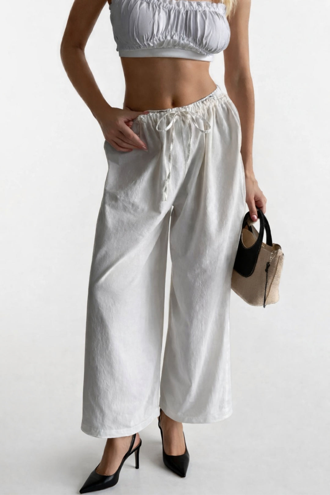 Lace Detail Cotton White Trousers