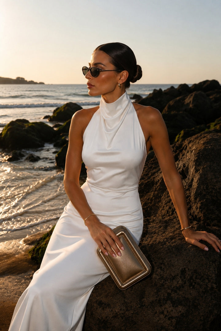 Cowl Neck Maxi White Satin Dress