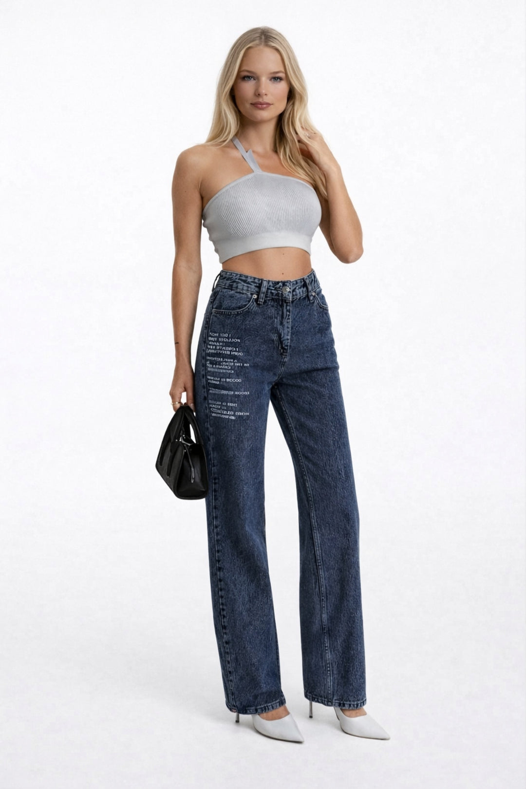 Baskılı Düşük Bel Mavi Jean