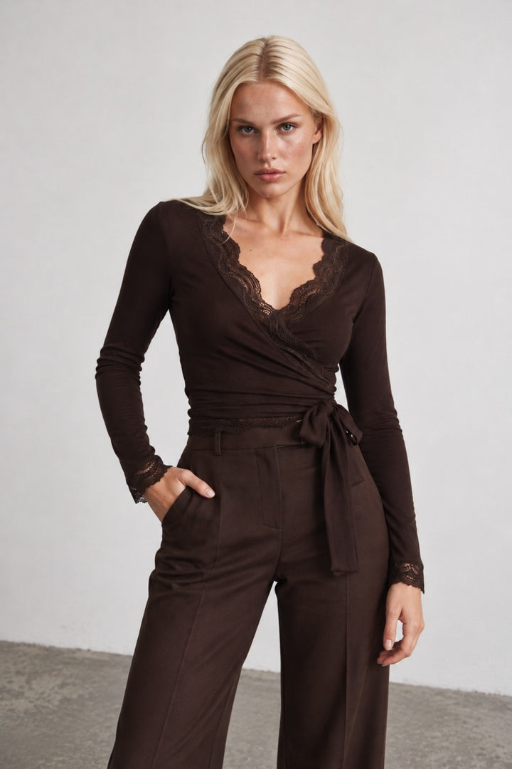Brown Lace Wrap Blouse