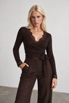 Brown Lace Wrap Blouse