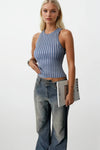 Ribbed Swim Collar Blue Blouse 