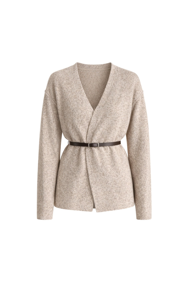 Kemer Detay Kruvaze Yaka Bej Triko Hırka