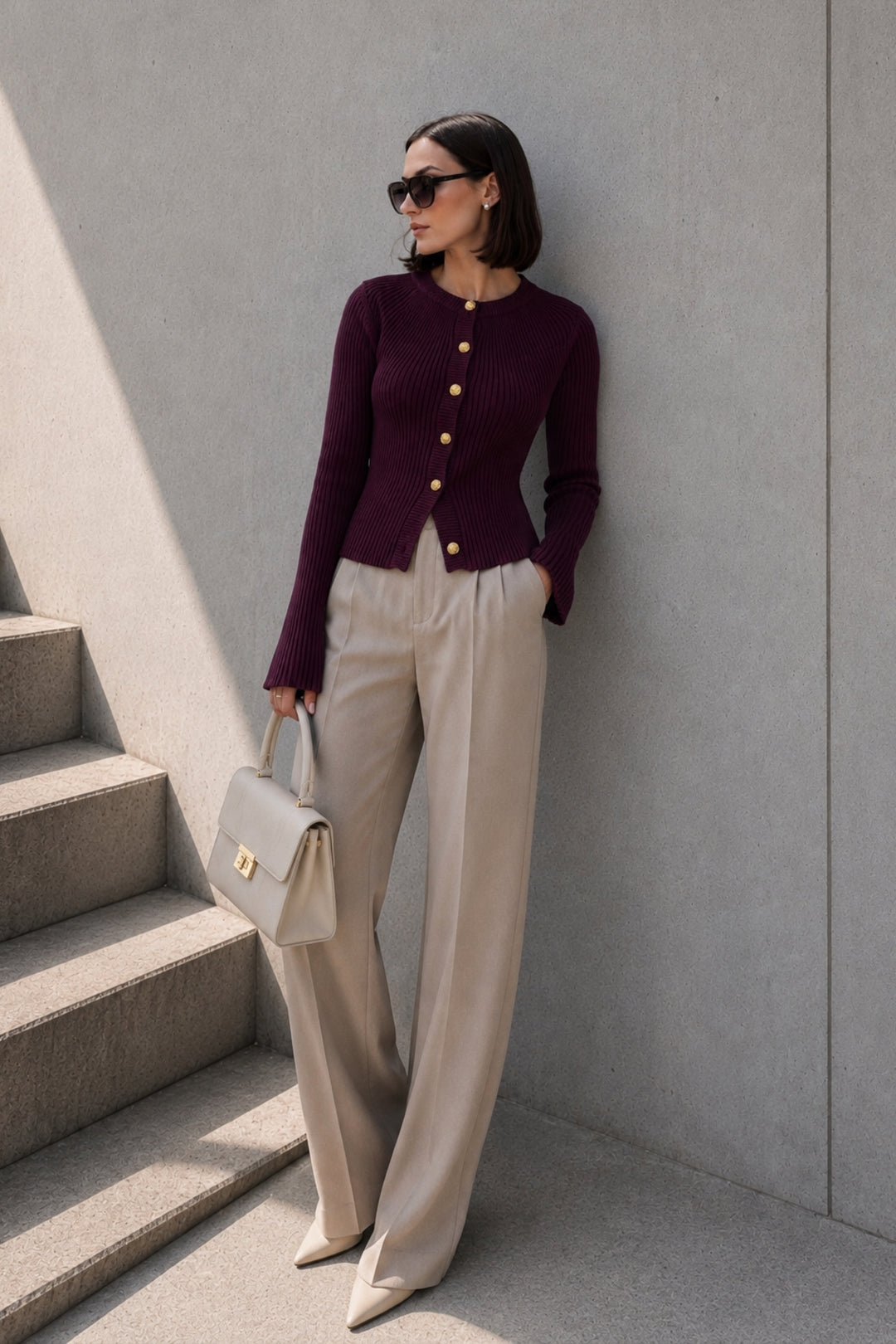 Burgundy Blouse with Ruffled Sleeves, Gold Buttons, and Crew Neck