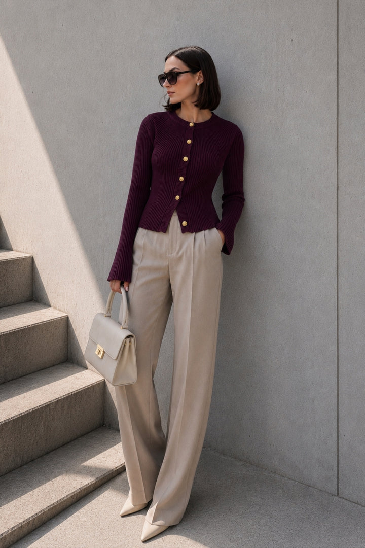 Burgundy Blouse with Ruffled Sleeves, Gold Buttons, and Crew Neck
