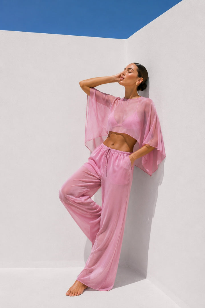 Geniş Yaka Crop Transparan Bluz Yüksek Bel Pantolon Pembe İkili Takım