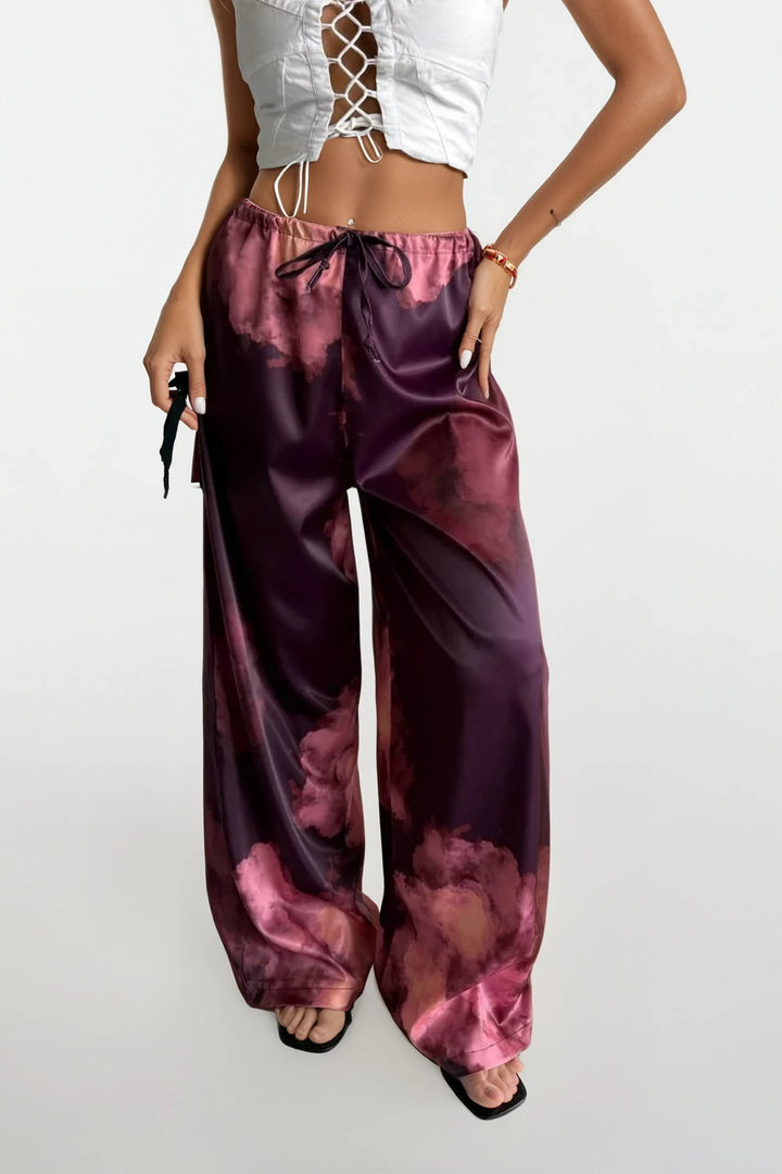 Patterned Satin Burgundy Trousers with Elastic Waistband