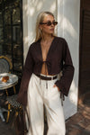 Tie Detail Long Sleeve Brown Blouse 