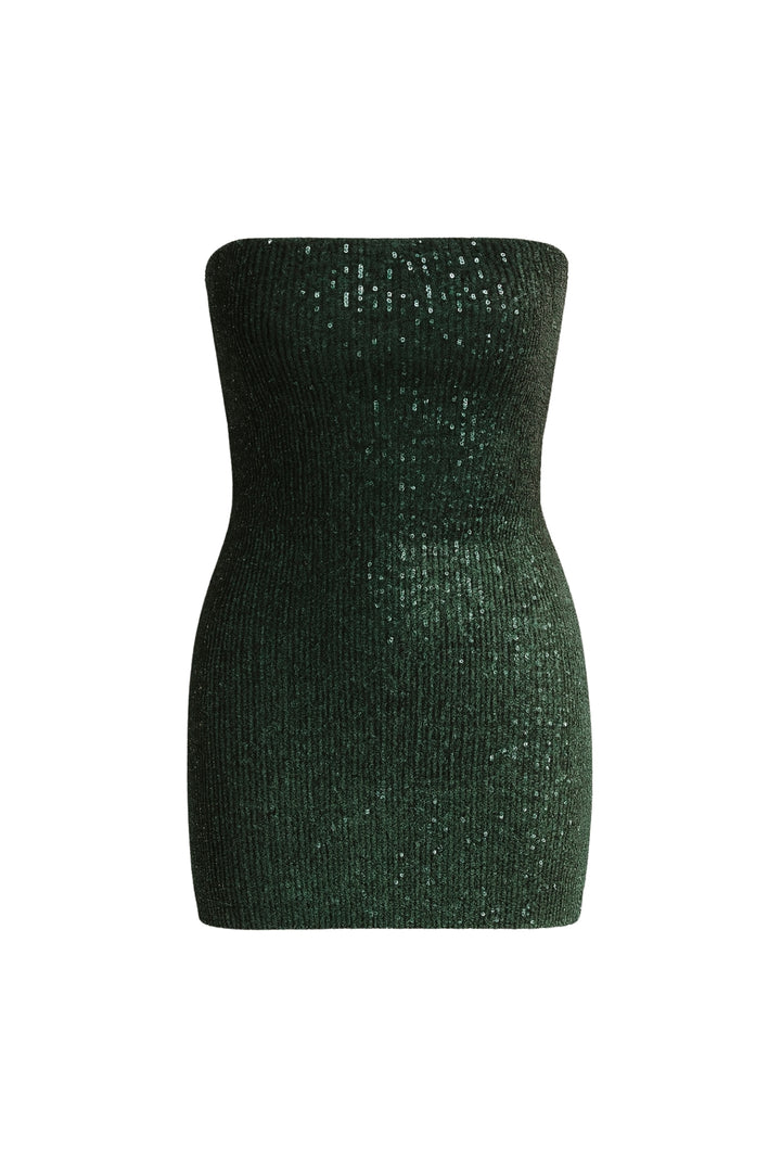 Payetli Yeşil Straplez Mini Elbise