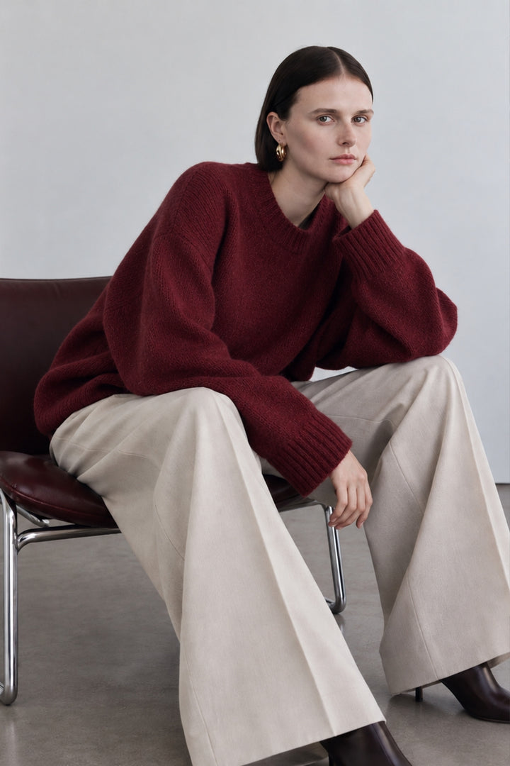 Crew Neck Basic Knit Burgundy Sweater
