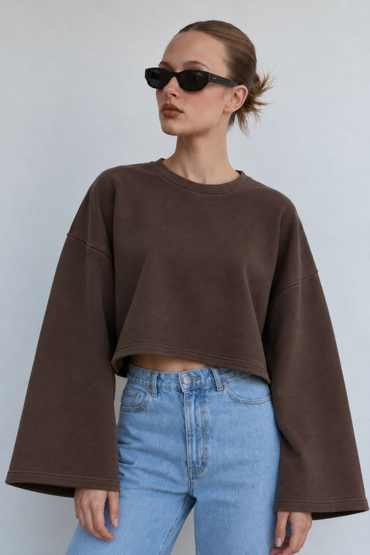 Geniş Kol Bisiklet Yaka Kahverengi Basic Sweatshirt