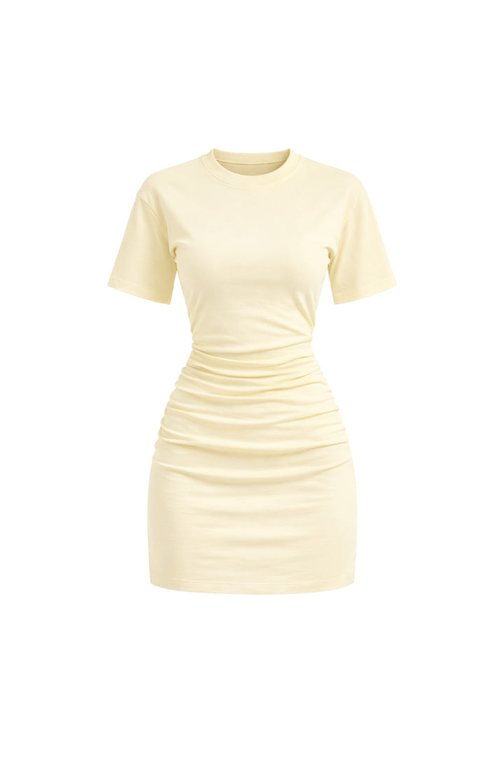 Bel Oturtmalı Büzgülü Sarı Mini Elbise