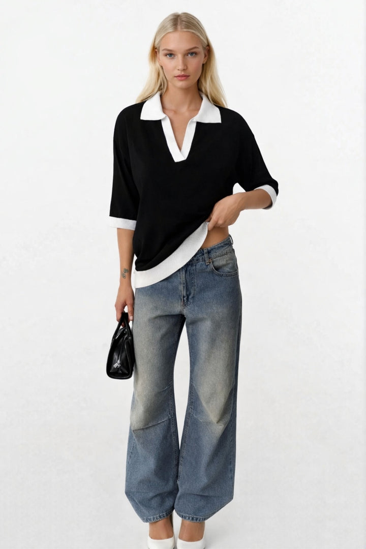 V Yaka Şerit Detay Siyah Beyaz T-Shirt