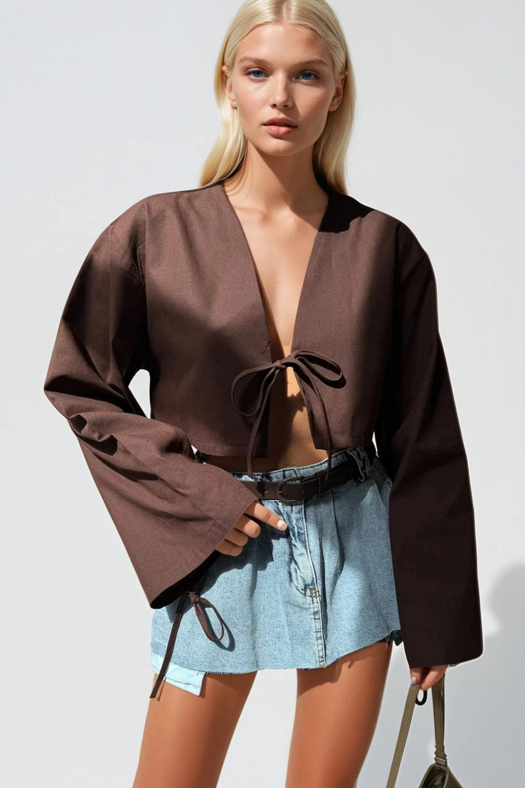 Tie Detail Long Sleeve Brown Blouse 