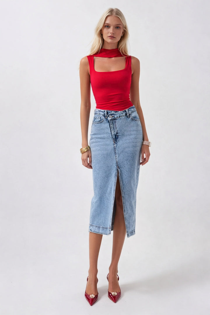 Yırtmaç Detay Denim Midi Açık Mavi Etek
