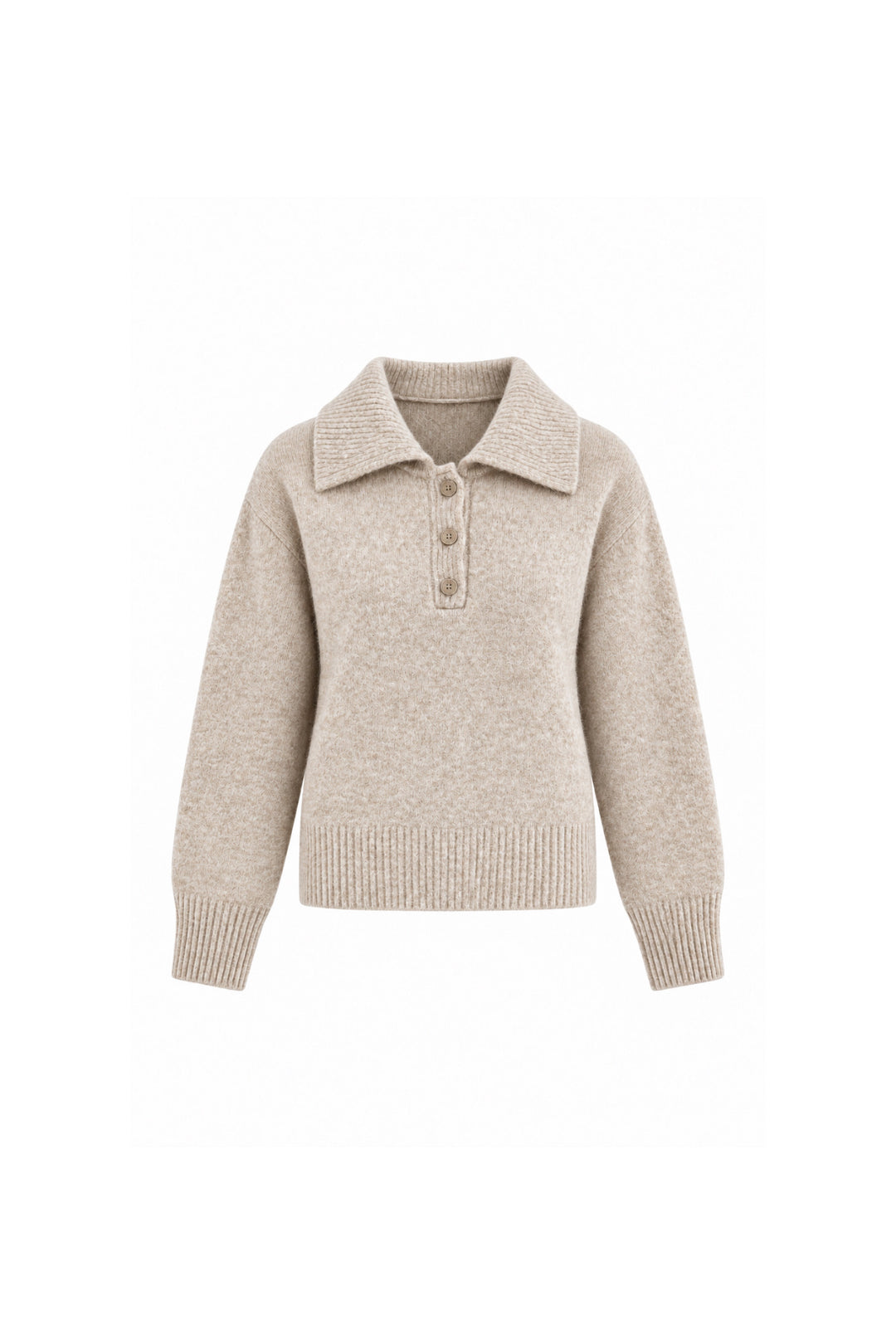 Beige Button-Up Polo Knit Sweater