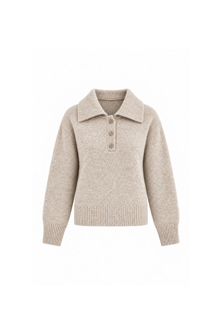 Beige Button-Up Polo Knit Sweater