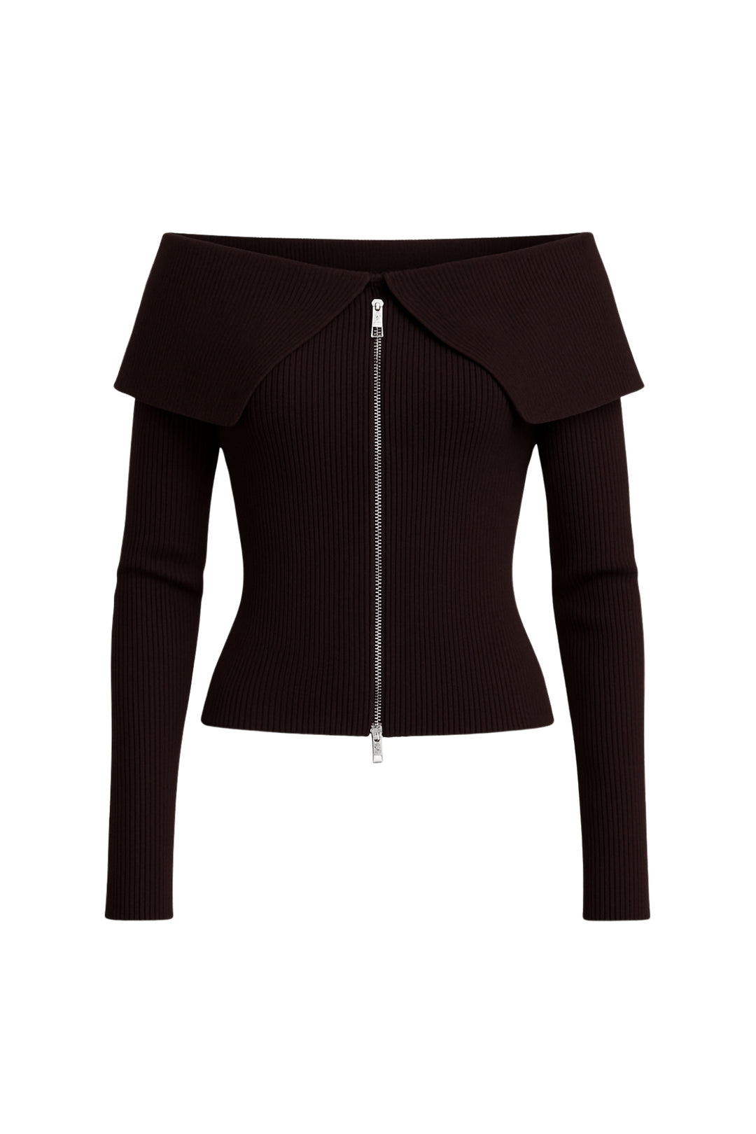 Madonna Yaka Kahverengi Fermuarlı Triko Bluz