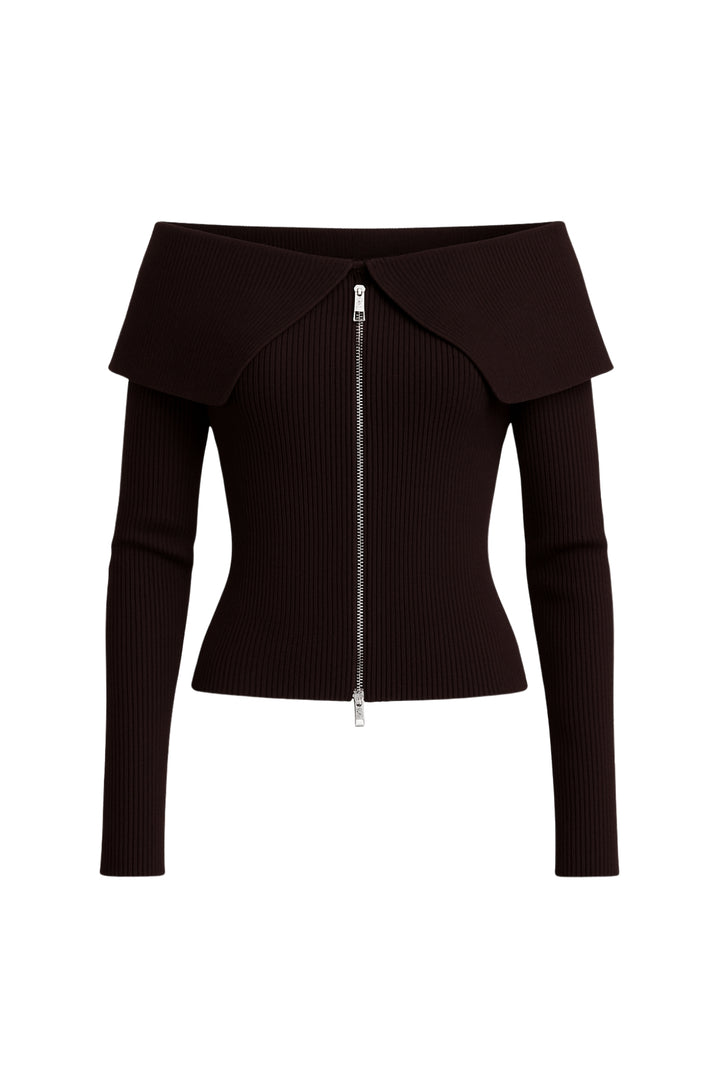 Madonna Yaka Kahverengi Fermuarlı Triko Bluz