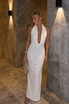 Shawl Collar Low Cut White Dress 
