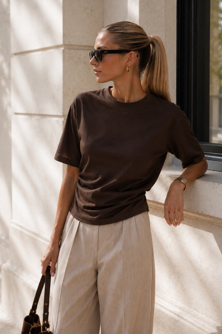 Bel Büzgülü Basic Kahverengi T-Shirt