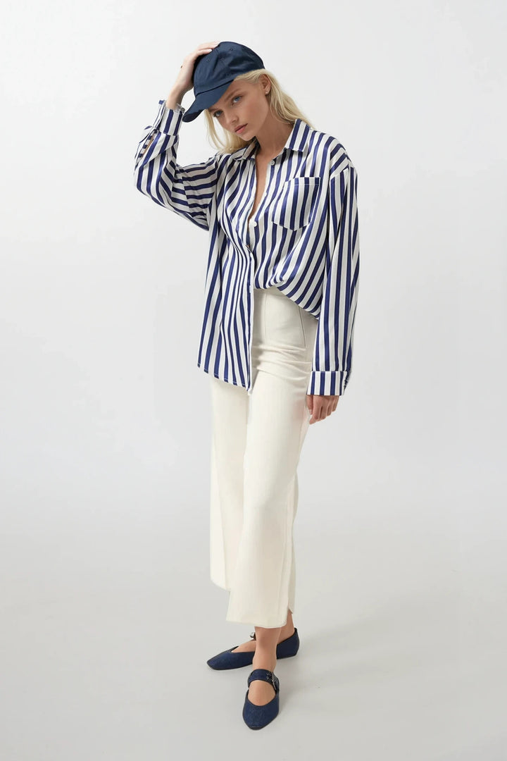 Çizgili Saten Lacivert Gömlek