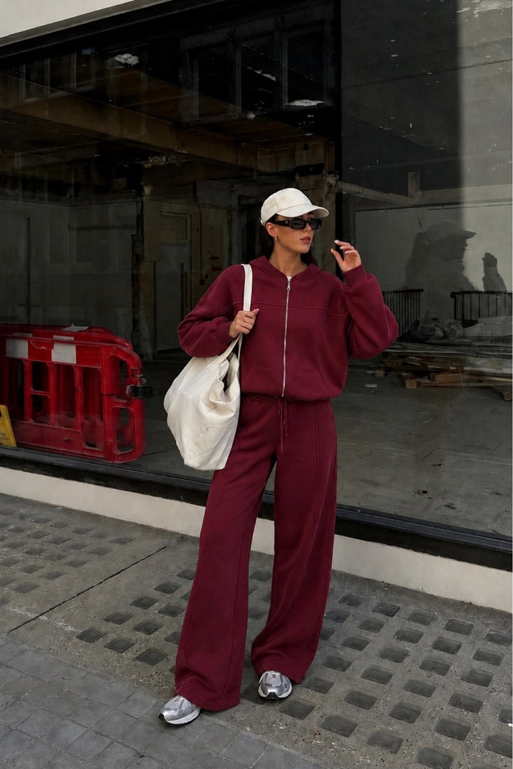 Fermuar Detay Hakim Yaka Sweatshirt Eşofman Bordo İkili Takım