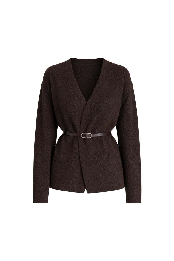 Kemer Detay Kruvaze Yaka  Kahverengi Triko Hırka