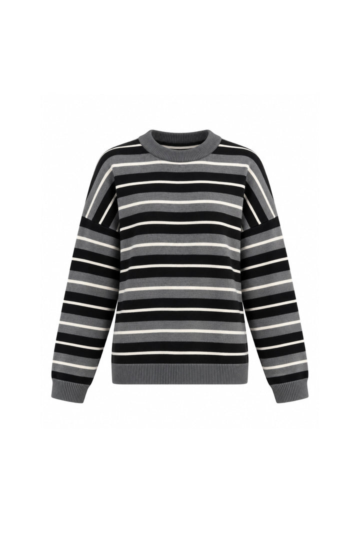 Crew Neck Striped Knit Anthracite Blouse