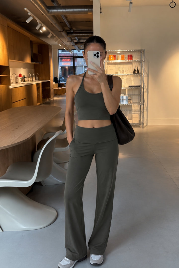 İp Askılı Bluz Wide Leg Pantolon İkili Haki Takım