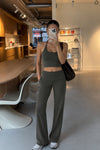 İp Askılı Bluz Wide Leg Pantolon İkili Haki Takım