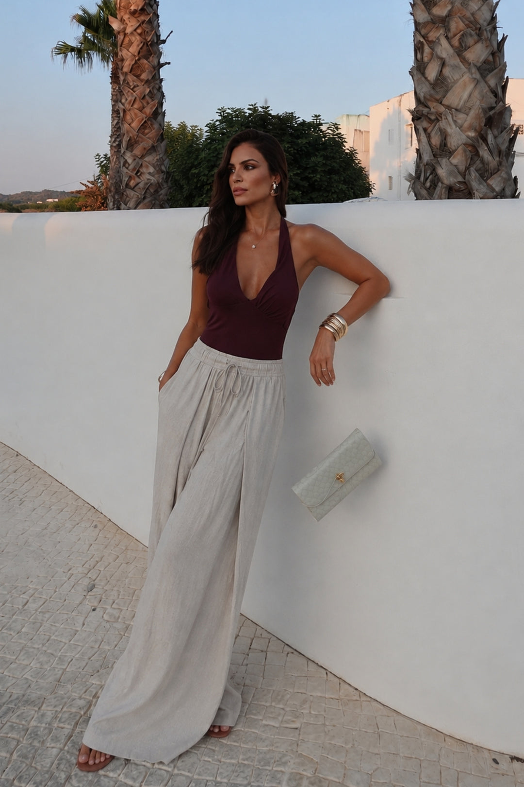 Pile Detay Bağcıklı Taş Keten Pantolon