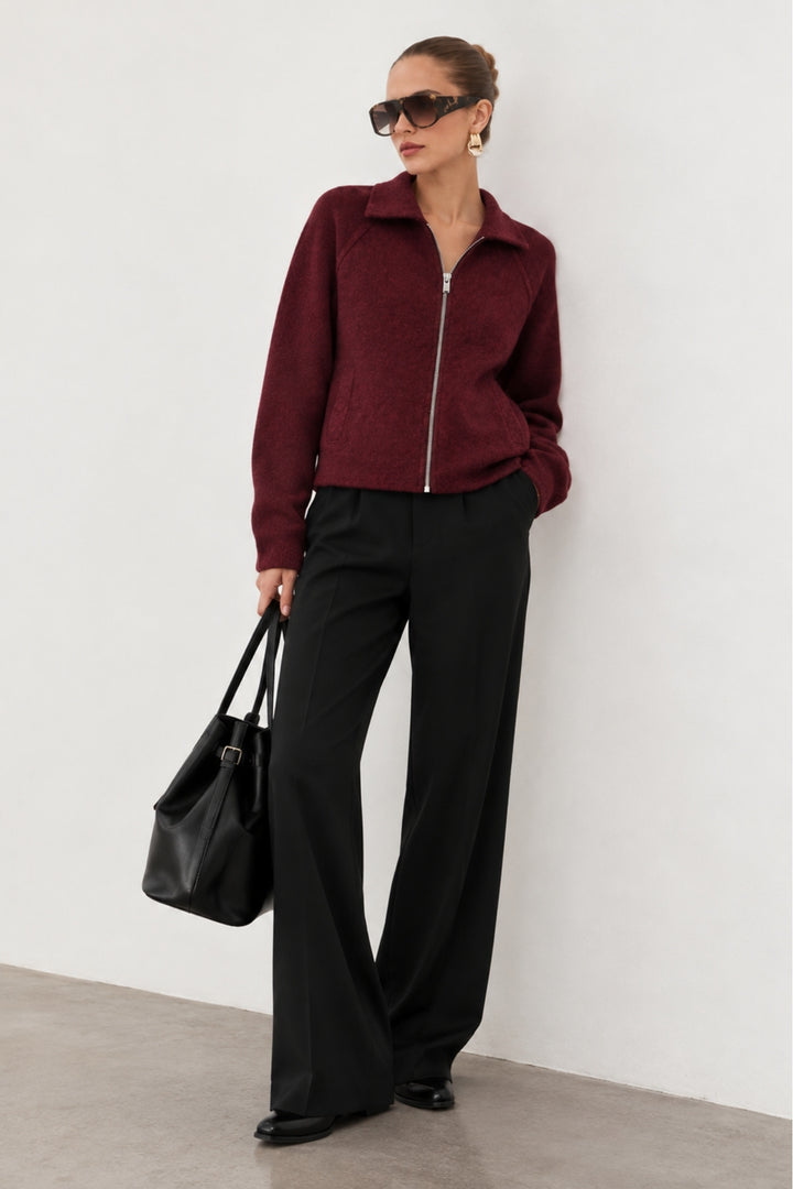 Burgundy Turtleneck Sweater with Zipper Detail