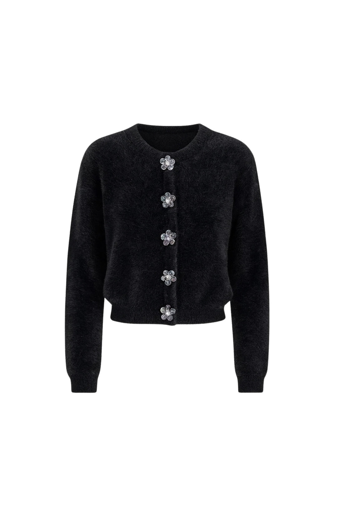 Çiçek Aksesuarlı Yumuşak Dokulu Siyah Triko Hırka