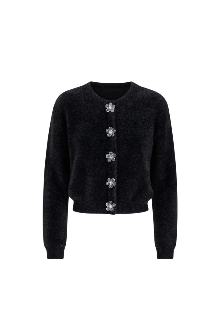 Çiçek Aksesuarlı Yumuşak Dokulu Siyah Triko Hırka