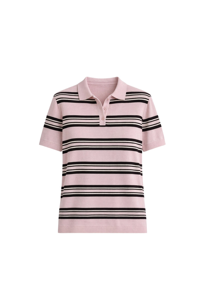 Çizgili Polo Yaka Pembe Triko Bluz