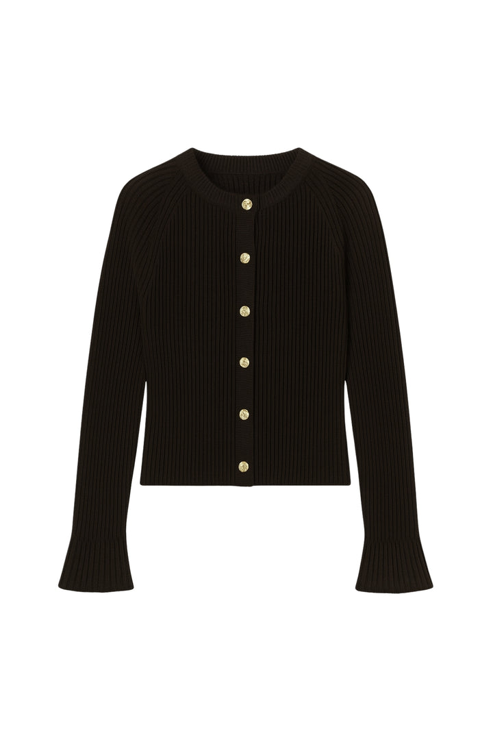 Volan Kol Gold Düğmeli Siyah Bisiklet Yaka Bluz