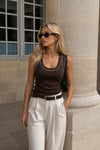 Piping Detail Halter Neck Brown White Blouse 