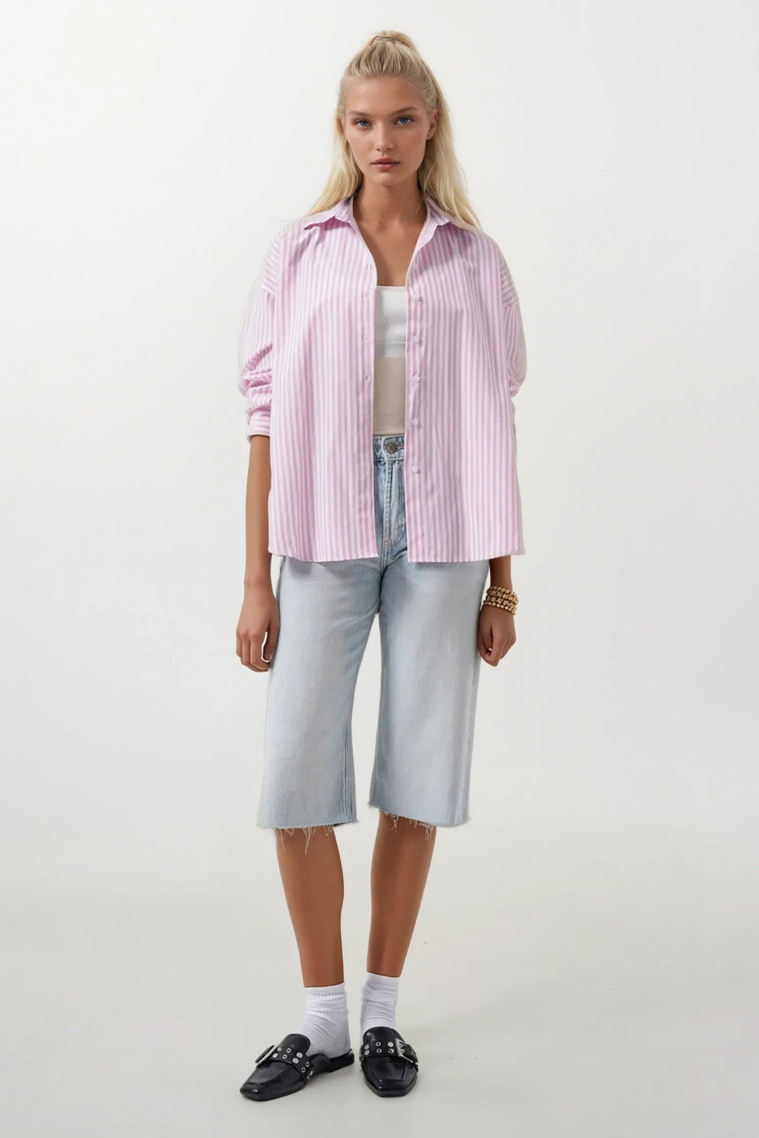 Çizgili Detay Oversize Pembe Gömlek