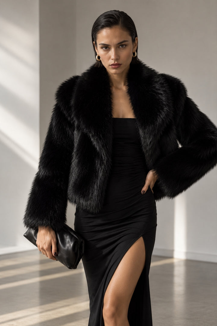 Shawl Collar Plush Black Fur