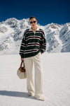 Striped Button-Down Polo Neck Green Knit Blouse