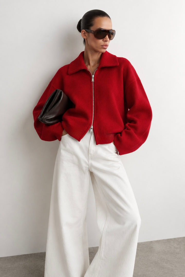 Polo Yaka Çift Fermuarlı Kırmızı Triko Kazak