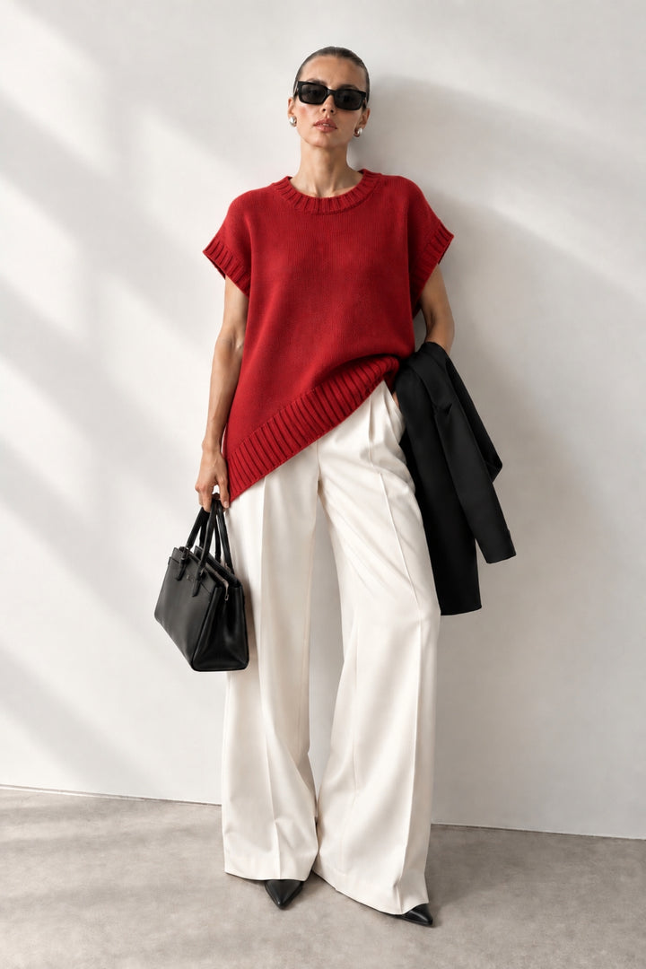 Oversize Basic Kırmızı Triko Süveter